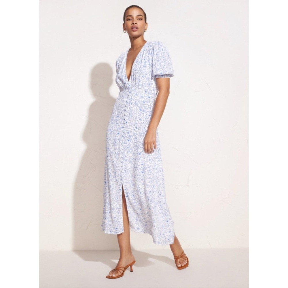Faithfull The Brand Bellavista Floral Button-Front Midi Dress Martine Blue XS
